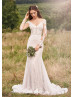 Long Sleeve Beaded V Neck Ivory Lace Tulle Wedding Dress